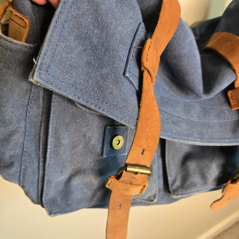 Sechunk Blue Canvas Messenger Bag VTG Leather Trim Military Satchel Crossbody